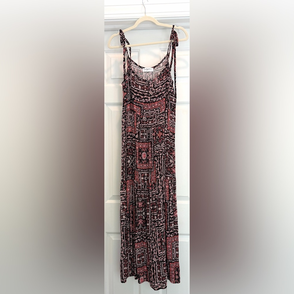 Carly Jean Los Angeles Millie Boho Print Maxi Dress Small Pink Black Tie Strap